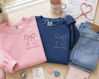 Custom Name Nurse Sweatshirt, Embroidered Bow Stethoscope Apparel