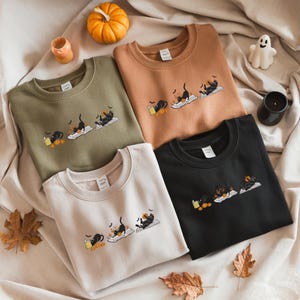 Halloween Black Cat Embroidered Sweatshirt, Cat Pumpkin Book Embroidery Shirt, Happy Haunting, Autumn Spooky Season, Bat Tee, Cat Lover Gift
