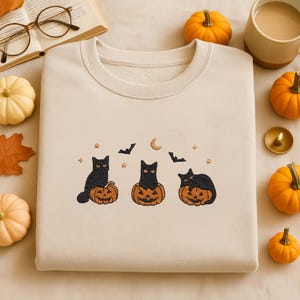 Embroidered Halloween Black Cat Sweatshirt, Pumpkin Fall Sweater, Halloween Crewneck, Cute Autumn Spooky Season, Bat Tee Top, Cat Lover Gift