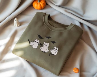 Embroidered Halloween Sweatshirt, Spooky Black Cat, Pumpkin Fall Sweater