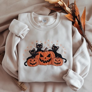 Embroidered Halloween Black Cat Sweatshirt, Pumpkin Fall Sweater, Halloween Crewneck, Cute Autumn Spooky Season, Bat Tee Top, Cat Lover Gift