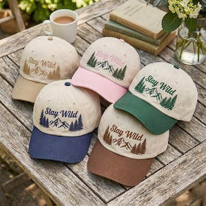 Embroidered Stay Wild Two-Tone Trucker Hat, Natural & Sage Green