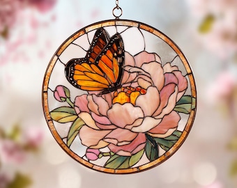 Stained Glass Butterfly Peony Suncatcher, Handmade Window Decor