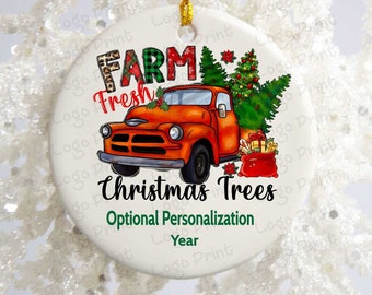Farm Fresh Trees Christmas Ornament, Antique Pickup Truck Xmas Ornament, Personalized Tree Farm Ornament Keepsake, Custom Holiday Ornament