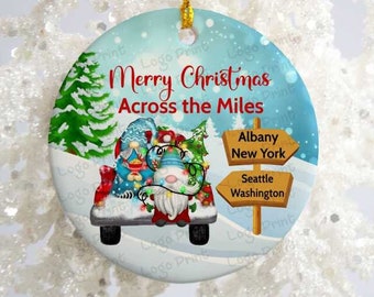 Across the Miles Gnome Christmas Ornament, Personalized Christmas Ornament, Custom From City, State, or Country Gift, Long Distance Ornament