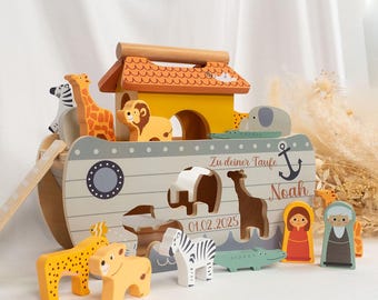 Taufgeschenk Arche Noah aus Holz PERSONALISIERT mit Name +  Datum zur Taufe, Taufgeschenke für Jungen und Mädchen, Arche Noah Steckspiel