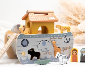 Taufgeschenk Arche Noah aus Holz PERSONALISIERT mit Name +  Datum zur Taufe, Taufgeschenke für Jungen und Mädchen, Arche Noah Steckspiel