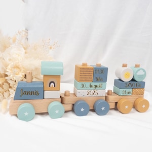 Baby Geschenk Junge - Geburtszug personalisiert - Holzzug Baby - Zug zur Geburt Junge - Babygeschenk Geburt Holzeisenbahn Name Holzspielzeug