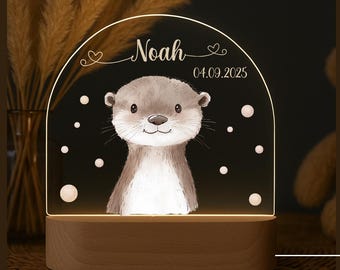 Geschenk zur Geburt, Personalisierte Nachtlampe Waldtiere + Otter, Nachtlampe dimmbar LED, Baby Geschenk, Nachtlicht Baby, Nachtlampe Kinder