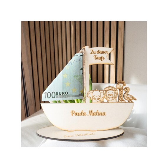 Geldgeschenk Boot zur Taufe, Konfirmation oder Kommunion ARCHE NOAH, personalisiertes Geschenk Taufe Mädchen Junge aus Holz