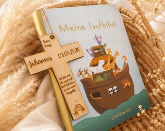 Taufgeschenk Meine Taufbibel - Personalisierte Kinderbibel mit Taufkreuz aus Holz - Taufe Geschenk Junge, Taufgeschenke Mädchen, Bibel