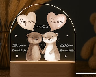 Personalisierte Kinder Nachtlampe dimmbar für Zwillinge, OTTER, Baby Geschenk, Nachtlicht Baby, LED Nachtlicht, Geschenk zur Geburt Zwilling
