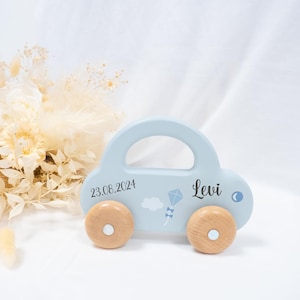 Baby Geschenk Junge, Holzauto personalisiert BLAU Geschenk zur Geburt, Auto personalisiert Baby, personalisiertes Geschenk, Holzspielzeug
