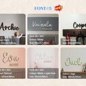May include: A collage of wooden name signs in various colors and fonts. Names include Archie, Kainalu, Cooper, Eva, Chloe, and Jack. Sizes range from 10 inches to 55 inches. The word "HOT" is in the top right corner.