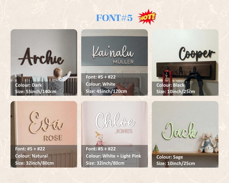 May include: A collage of wooden name signs in various colors and fonts. Names include Archie, Kainalu, Cooper, Eva, Chloe, and Jack. Sizes range from 10 inches to 55 inches. The word "HOT" is in the top right corner.