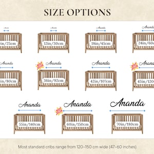 May include: An image displaying various crib size options, labeled with measurements in inches and centimeters. The cribs are depicted in a light brown color, with sizes ranging from 10 inches (25cm) to 70 inches (180cm) wide. The text "SIZE OPTIONS" is at the top.