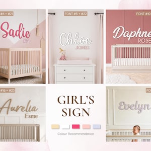May include: A collage of nursery decor ideas featuring wooden name signs. The signs spell out "Sadie", "Chloe", "Daphne", "Aurelia", and "Evelyn" in various fonts and colors. The image includes cribs and a changing table.