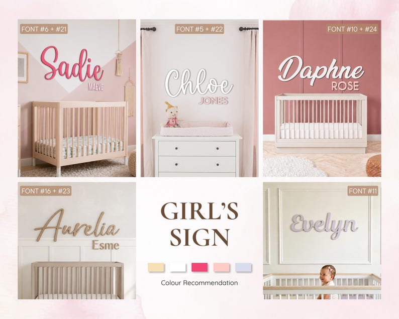 May include: A collage of nursery decor ideas featuring wooden name signs. The signs spell out "Sadie", "Chloe", "Daphne", "Aurelia", and "Evelyn" in various fonts and colors. The image includes cribs and a changing table.