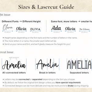 May include: A guide titled "Sizes & Lasercut Guide" with examples of different fonts and laser-cut techniques. The guide shows how font style and the number of letters affect height. Examples include "Olivia" and "Amelia" in various styles, with measurements in inches and centimeters.