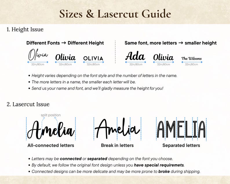 May include: A guide titled "Sizes & Lasercut Guide" with examples of different fonts and laser-cut techniques. The guide shows how font style and the number of letters affect height. Examples include "Olivia" and "Amelia" in various styles, with measurements in inches and centimeters.