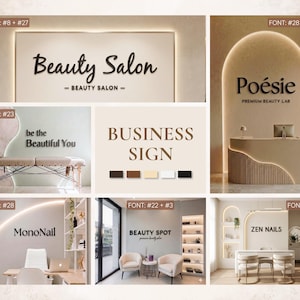 May include: A collection of interior design concepts for beauty salons. The image showcases various salon names like "Beauty Salon", "Po&eacute;sie", "MonoNail", "Zen Nails", and "Beauty Spot". The designs feature neutral color palettes, modern furniture, and elegant signage.