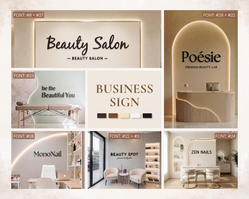 May include: A collection of interior design concepts for beauty salons. The image showcases various salon names like "Beauty Salon", "Po&eacute;sie", "MonoNail", "Zen Nails", and "Beauty Spot". The designs feature neutral color palettes, modern furniture, and elegant signage.