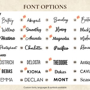 May include: Font options graphic with script and standard font examples. Script fonts include Brittany, Abigail, Barcelony, and Bestand. Standard fonts include Ostrich, Delosta, Theodore, and Antiqua. Custom fonts, languages & symbols available.
