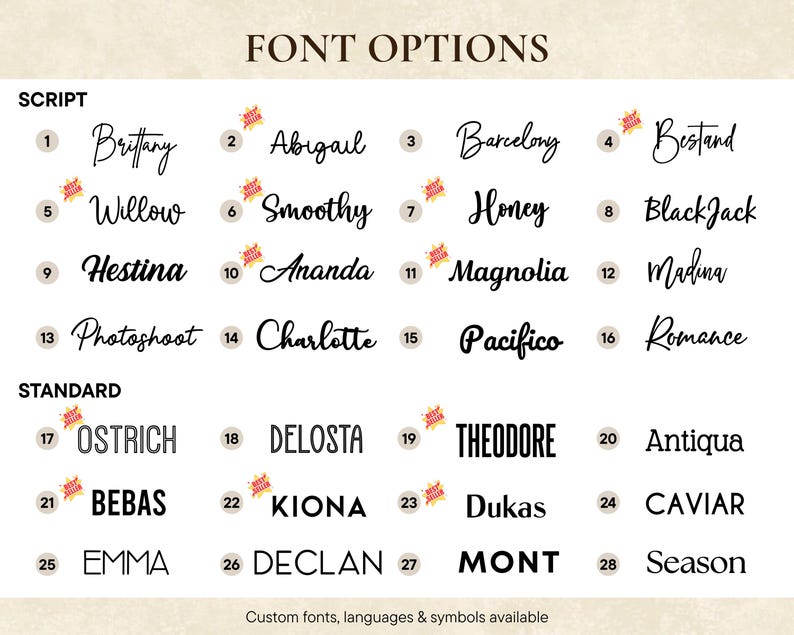 May include: Font options graphic with script and standard font examples. Script fonts include Brittany, Abigail, Barcelony, and Bestand. Standard fonts include Ostrich, Delosta, Theodore, and Antiqua. Custom fonts, languages & symbols available.