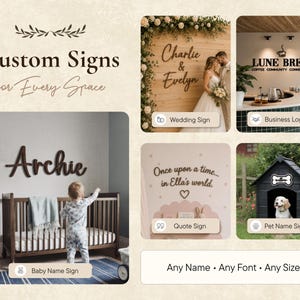 May include: An advertisement for custom signs, featuring examples like a wedding sign, business logo, baby name sign, and pet name sign. The text reads "Custom Signs for Every Space" and "Any Name, Any Font, Any Size."