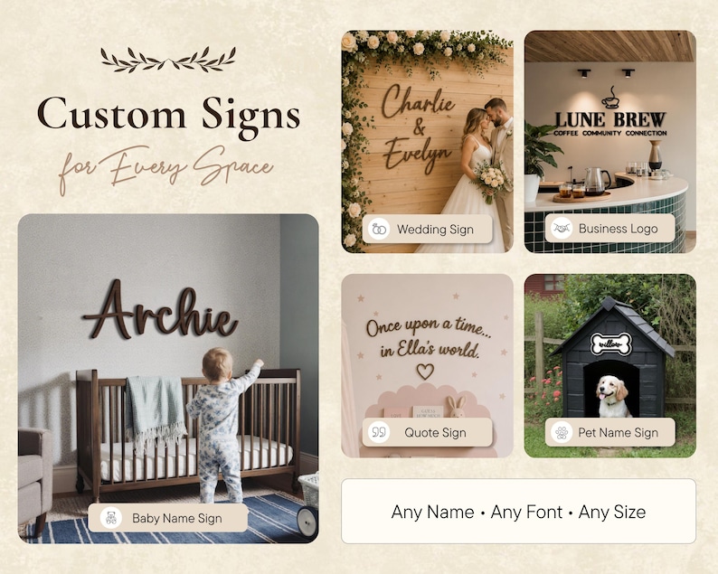 May include: An advertisement for custom signs, featuring examples like a wedding sign, business logo, baby name sign, and pet name sign. The text reads "Custom Signs for Every Space" and "Any Name, Any Font, Any Size."