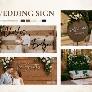 May include: A collage of wedding signs with various designs and fonts. One sign features the names "Charlie" and "Evelyn" in a cursive font. Another sign displays "Emily & Michael" and the date "June 25 2026". The signs are decorated with floral arrangements.