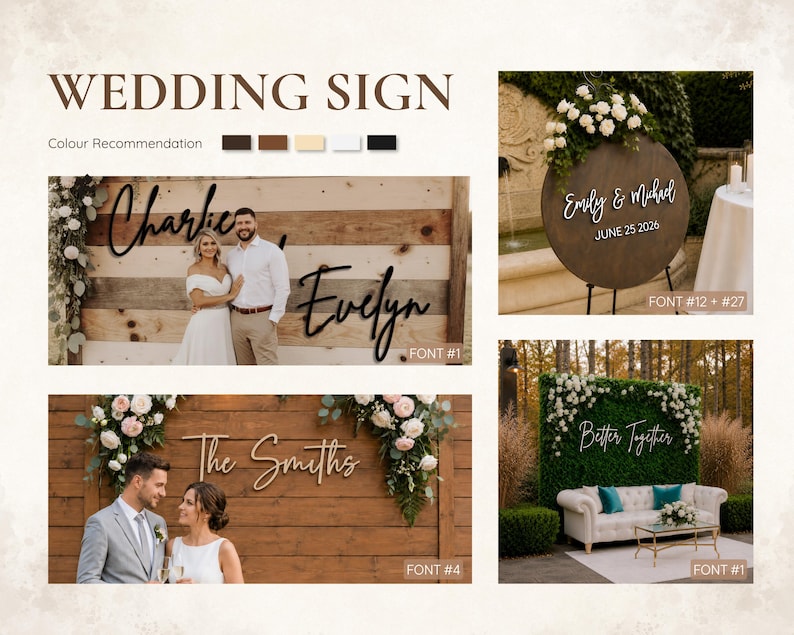 May include: A collage of wedding signs with various designs and fonts. One sign features the names "Charlie" and "Evelyn" in a cursive font. Another sign displays "Emily & Michael" and the date "June 25 2026". The signs are decorated with floral arrangements.
