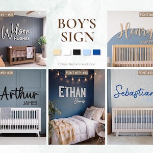 May include: A collage of wooden name signs for a nursery. The signs feature names like Wilson, Arthur, Henry, Ethan, and Sebastian, with the text "BOY'S SIGN" and color recommendations. Each sign is displayed above a crib.