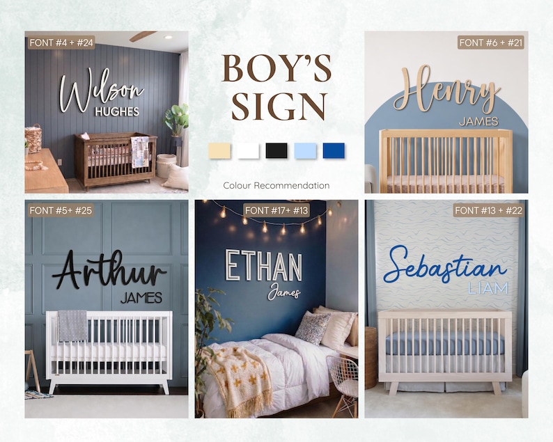 May include: A collage of wooden name signs for a nursery. The signs feature names like Wilson, Arthur, Henry, Ethan, and Sebastian, with the text "BOY'S SIGN" and color recommendations. Each sign is displayed above a crib.