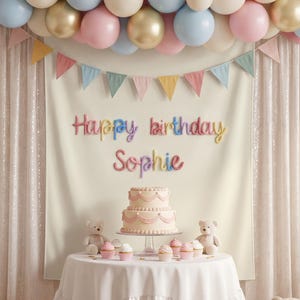 May include: A birthday party scene with a two-tiered cake, cupcakes, and teddy bears on a round table. The table is covered with a white tablecloth. Balloons in pastel colors and a banner that says "Happy birthday Sophie" decorate the background.