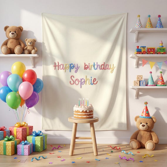 Colorful Rainbow Birthday Banner with Name, Bright Custom Tapestry, Kids Party Backdrop, Primary Color Birthday Sign, 3D Yarn Lettering