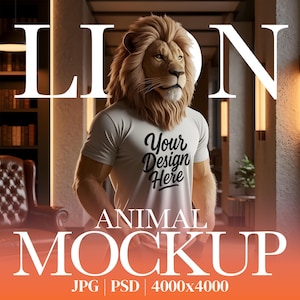 Lion T-Shirt Mockup • Realistic Animal Model PSD • Urban Rooftop Shirt Display • Anthropomorphic Male Template