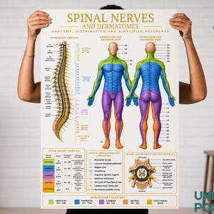 Może przedstawiać: Plakat edukacyjny medyczny zatytułowany Spinal Nerves and Dermatomes. Zawiera szczegółową ilustrację ludzkiego kręgosłupa, widoki przednie i tylne ludzkiego ciała z oznaczonymi kolorami obszarami dermatomów oraz przekrój poprzeczny nerwu rdzeniowego.
