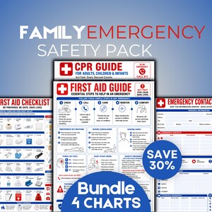 May include: A Family Emergency Safety Pack featuring four white charts with blue and red text and icons. The charts include a CPR Guide, First Aid Guide, First Aid Checklist, and Emergency Contact Chart, providing essential safety information.
