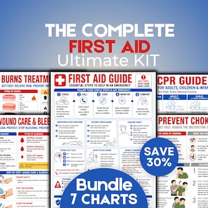 Puede incluir: Un paquete de siete gráficos de primeros auxilios con el texto THE COMPLETE FIRST AID Ultimate KIT. Las guías incluyen instrucciones para quemaduras, heridas, hemorragias, RCP y atragantamiento, con detalles en azul y rojo sobre fondo blanco.