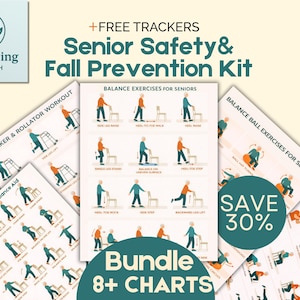 May include: A bundle of exercise charts for senior safety and fall prevention. The charts include balance exercises, walker and rollator workouts, and chair-supported balance aid exercises. The bundle includes 8+ charts and is labeled "Senior Safety & Fall Prevention Kit."