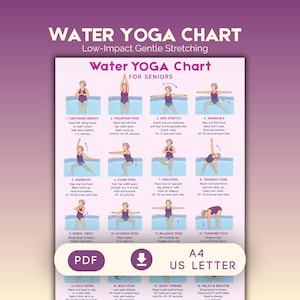 Peut inclure: Un tableau de yoga aquatique pour seniors présentant seize poses illustrées avec des instructions. Le tableau inclut des étiquettes de texte pour chaque exercice, comme Centering Breath, Mountain Pose et Warrior II. Disponible en PDF, A4 et US Letter.