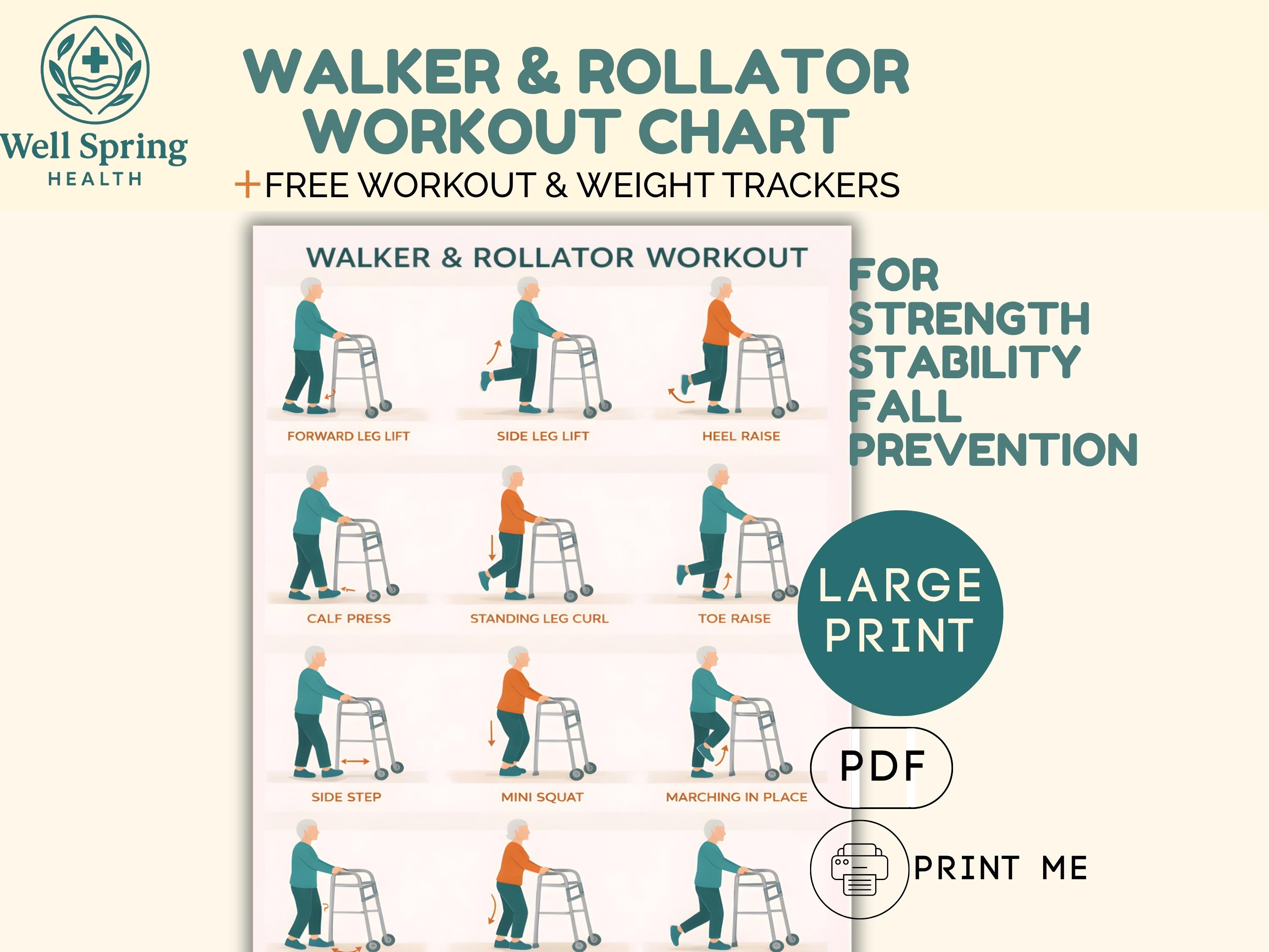 Tabella di movimento per deambulatore/roller per anziani, stampabile, ausilio per la stabilità, prevenzione delle cadute, esercizi per deambulatore in