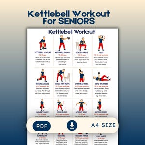Könnte beinhalten: Ein Fitness-Leitfaden mit dem Titel "Kettlebell Workout For SENIORS" mit Illustrationen verschiedener Übungen. Die Übungen umfassen Kettlebell Deadlift, Swings, Goblet Squats, Halo, Reverse Lunges, Single Arm Rows, Overhead Press und Dead Bug Press.
