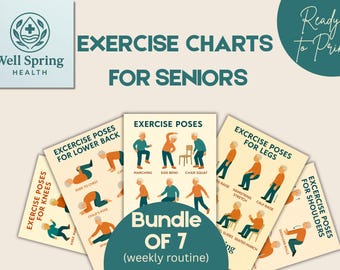May include: A bundle of seven exercise charts for seniors, featuring illustrations of various poses for different body areas. The charts include exercises for lower back, knees, legs, and shoulders. The text "Exercise Charts for Seniors" is displayed prominently.