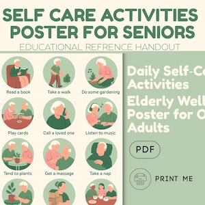 Op de afbeelding: Een groene poster getiteld "Zelfzorgactiviteiten Poster voor Senioren" met illustraties van dagelijkse activiteiten voor het welzijn van ouderen. Bevat tekst: Lees een boek, Maak een wandeling, Ga tuinieren, Speel kaarten, Bel een geliefde, Luister naar muziek.