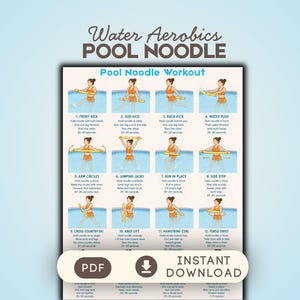 May include: A digital instructional poster titled Water Aerobics POOL NOODLE featuring twelve illustrated exercises. Each section displays a person in a pool using a yellow pool noodle with numbered steps, exercise names, and duration instructions in English.