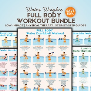 May include: A digital workout bundle featuring multiple instructional posters for water dumbbell exercises. The posters display illustrations of individuals performing various movements in a pool, accompanied by descriptive text and step-by-step guides.