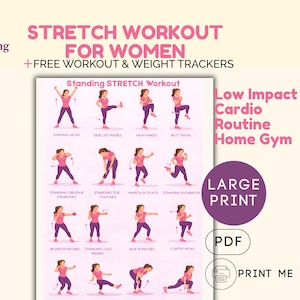 Può includere: Un grafico di allenamento stampabile con il testo "STRETCH WORKOUT FOR WOMEN". Il grafico mostra illustrazioni di vari esercizi di stretching, tra cui jumping jacks e sollevamenti laterali delle gambe. Il grafico include anche il testo "Low Impact Cardio Routine Home Gym".