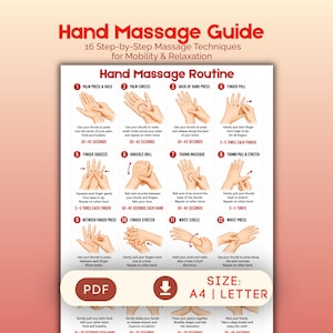 Op de afbeelding: Een witte instructiekaart getiteld Hand Massage Guide met 16 stapsgewijze massagetechnieken voor mobiliteit en ontspanning. De poster bevat genummerde illustraties van handbewegingen, beschrijvende tekst en een PDF-downloadicoon voor A4 en Letter-formaat.